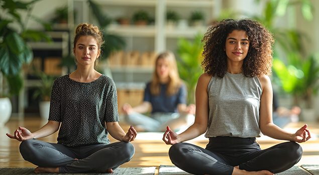 Two people meditating in a yoga studio