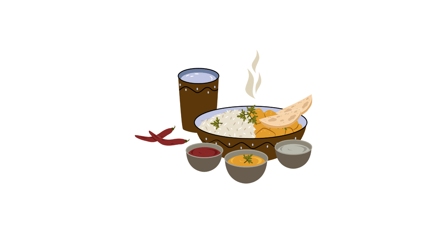 Illustration of an Indian meal with rice, curries and a hot drink