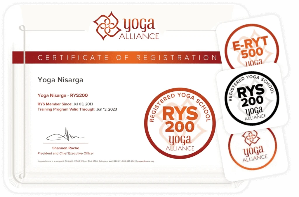 Yoga Alliance Registered Yoga School RYS 200 certificate of registration for Yoga Nisarga, shown with RYS 200 and E-RYT 500 badges