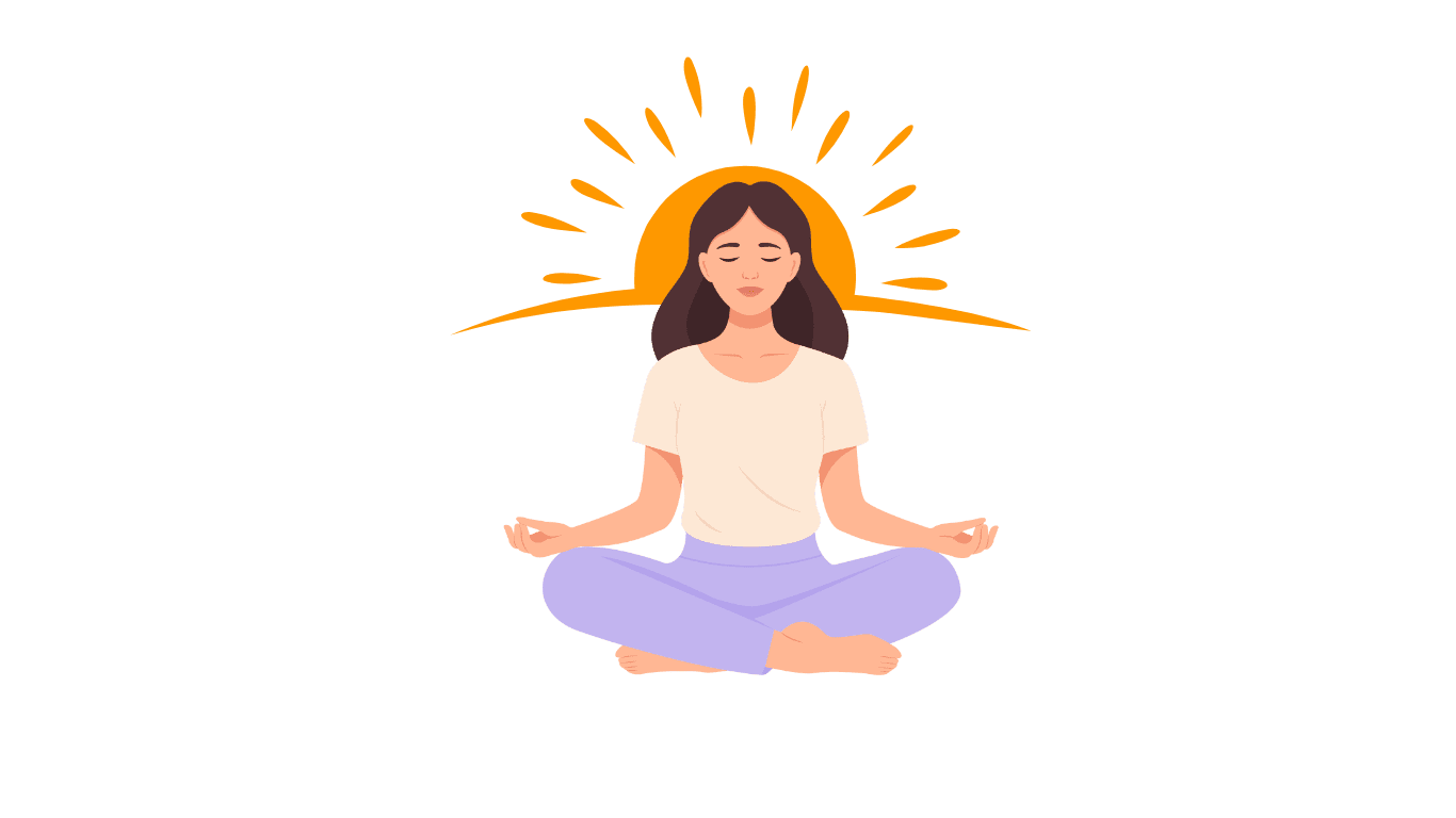 Illustration of a woman meditating with a rising sun behind her