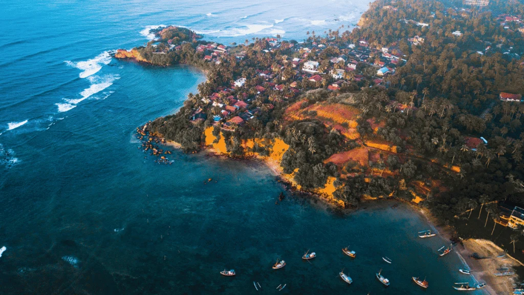 Aerial view of a coastal town and harbour